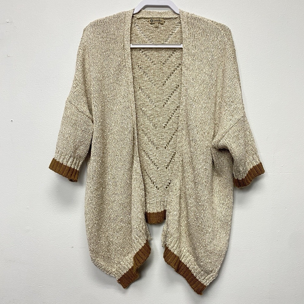 Democracy‎ Open Cardigan Women's XL Beige Gold Lurex Open Knit Sweater